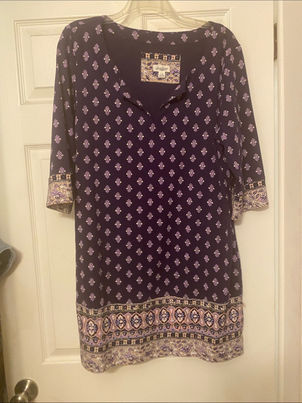 Lucky Brand Navy and Lilac Printed Border-Trim Tunic Dress